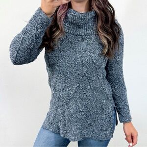 Blue and white cowl neck sweater